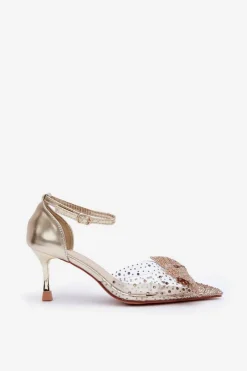 Boto Czółenka Klasyczne*Zdobione Szpilki Z Kokardą Złote Laviri