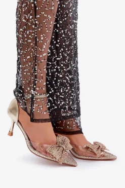 Boto Czółenka Klasyczne*Zdobione Szpilki Z Kokardą Złote Laviri