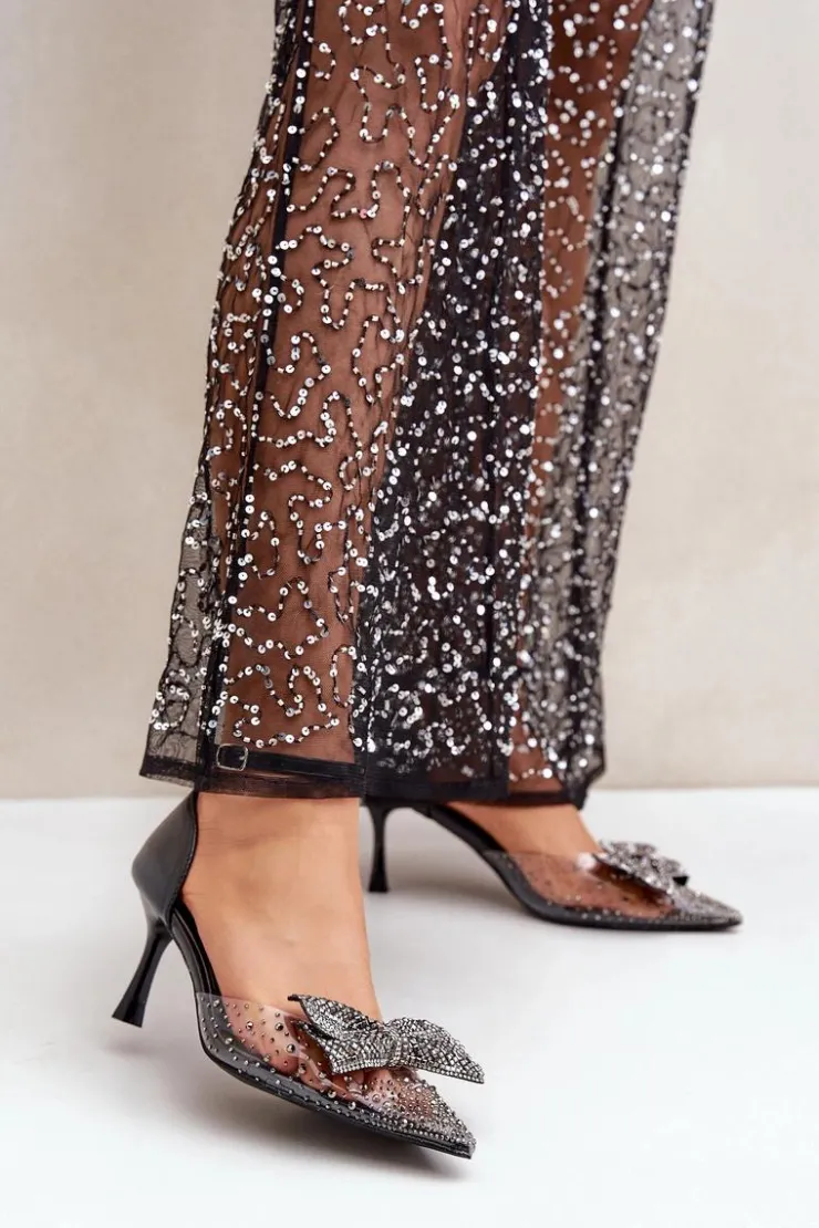 Sale Boto Zdobione Szpilki Z Kokardą Czarne Laviri