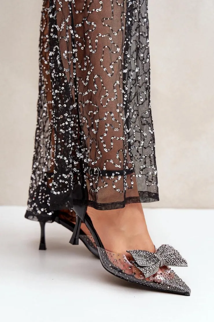 Sale Boto Zdobione Szpilki Z Kokardą Czarne Laviri