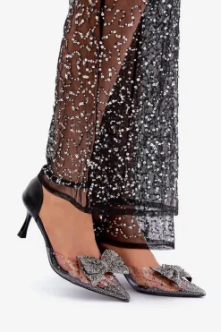 Sale Boto Zdobione Szpilki Z Kokardą Czarne Laviri