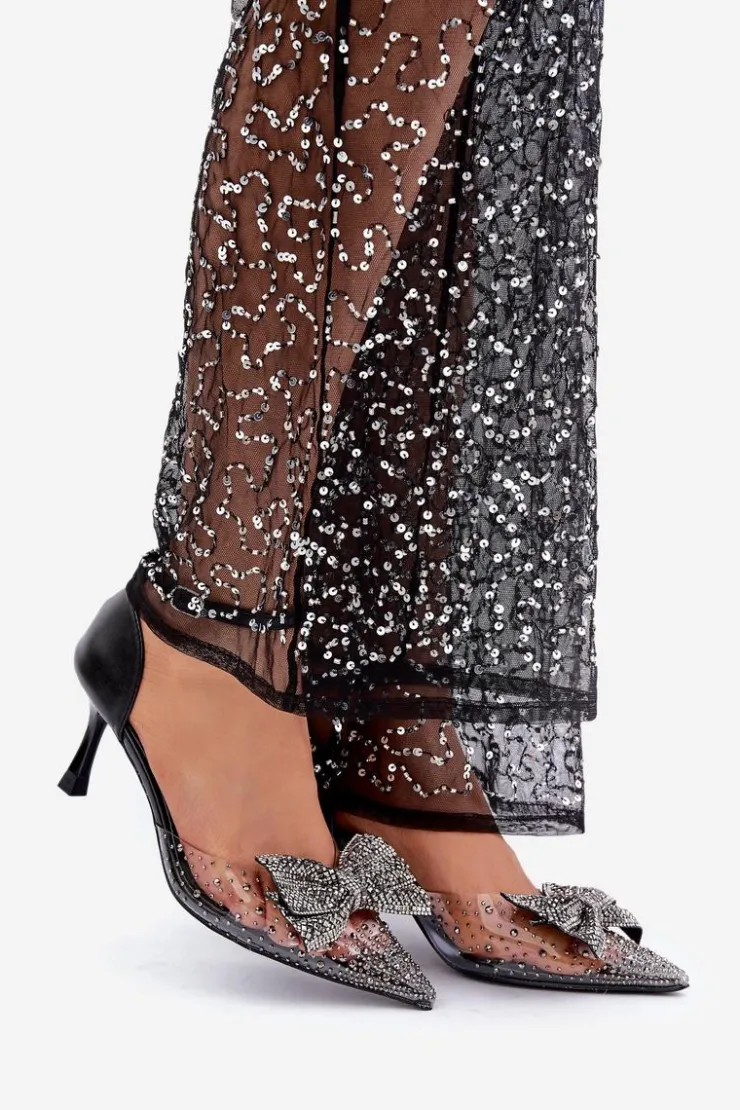 Sale Boto Zdobione Szpilki Z Kokardą Czarne Laviri