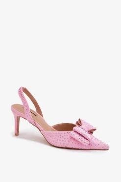 Damskie Boto Zdobione Szpilki Z Odkrytą Piętą I Kokardką Różowe Nilandriela