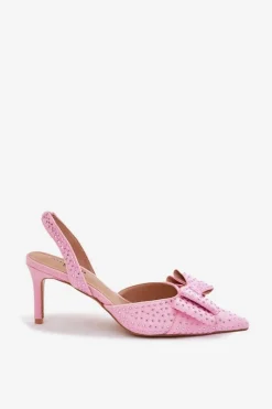 Damskie Boto Zdobione Szpilki Z Odkrytą Piętą I Kokardką Różowe Nilandriela