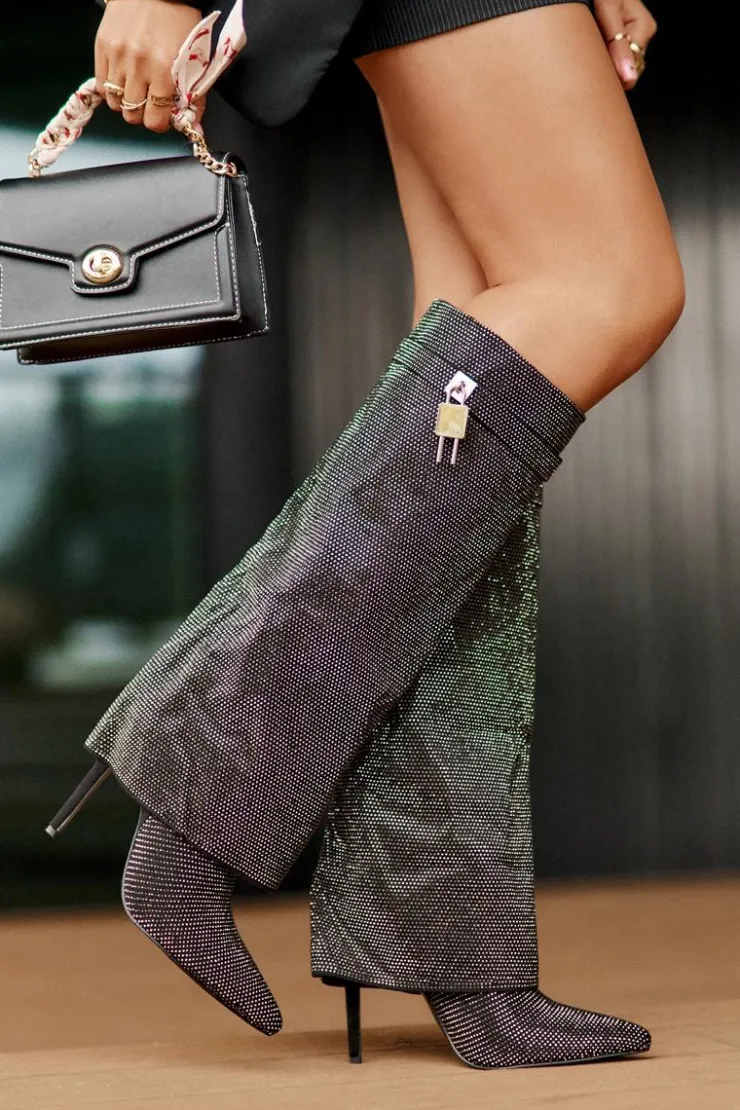 Boto Kozaki Ocieplane|Kozaki Na Szpilce*Zdobione Wsuwane Kozaki Na Szpilce Z Wywiniętą Cholewką Czarne Enathlin