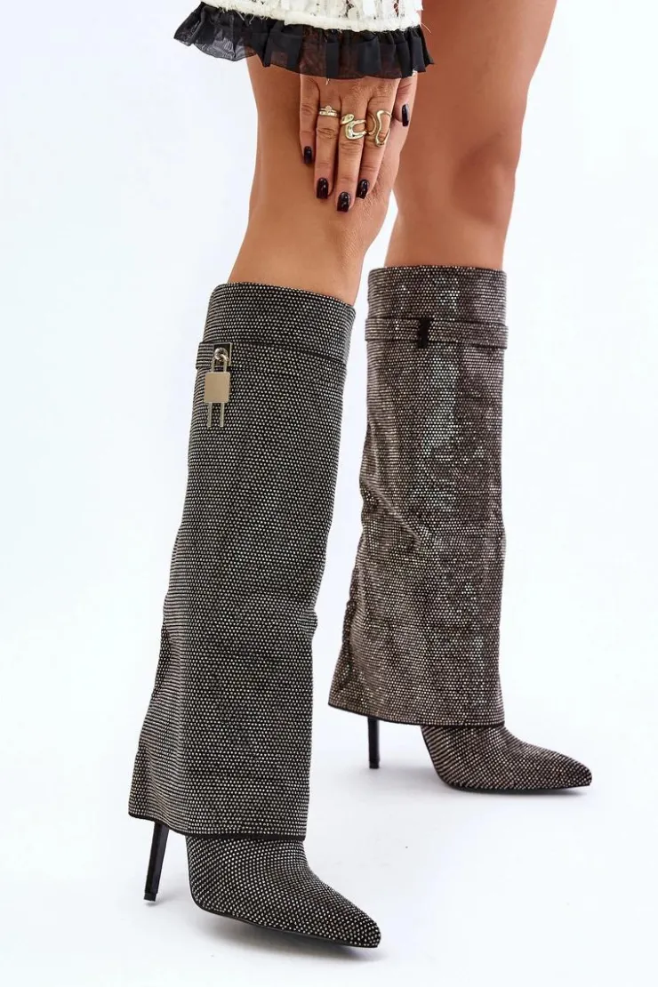 Boto Kozaki Ocieplane|Kozaki Na Szpilce*Zdobione Wsuwane Kozaki Na Szpilce Z Wywiniętą Cholewką Czarne Enathlin