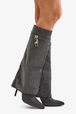 Boto Kozaki Ocieplane|Kozaki Na Szpilce*Zdobione Wsuwane Kozaki Na Szpilce Z Wywiniętą Cholewką Czarne Enathlin