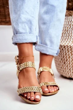 Damskie Boto Złote Damskie Płaskie Sandałki Lu Boo Z Ćwiekami Aldona